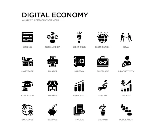 Conjunto de 20 negro lleno de iconos vectoriales como la población, ganancias, productividad, trato, crecimiento, factura, hipoteca, distribución, bombilla, redes sociales. colección de iconos negros economía digital . — Vector de stock