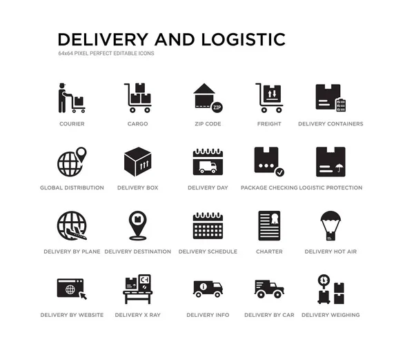 20个黑色填充矢量图标, 如送货称重, 交货热气球, 物流保护, 交付集装箱, 汽车, 信息, 全球分销, 货运, 邮政编码, 货物。和 — 图库矢量图片