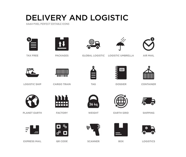 Set of 20 black filled vector icons such as logistics, shipping, container, air mail, box, scanner, logistic ship, logistic umbrella, global logistic, packages. delivery and black icons collection. — Stock Vector