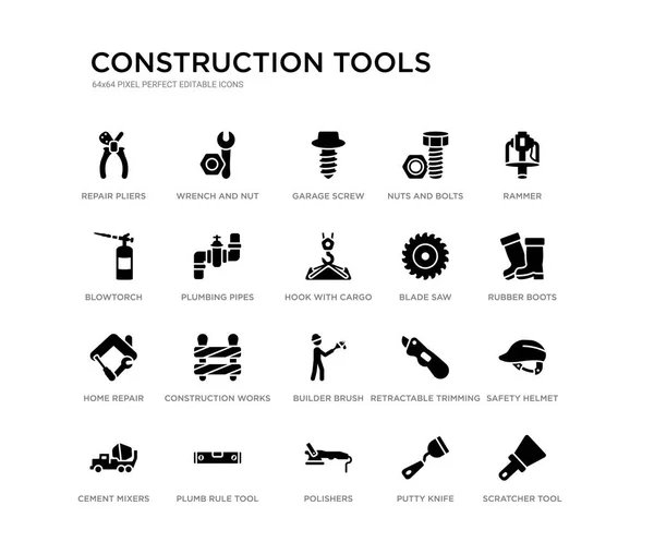 Jeu de 20 icônes vectorielles remplies de noir telles que outil grattoir, casque de sécurité, bottes en caoutchouc, pilonneuse, couteau à mastic, polisseurs, chalumeau, écrous et boulons, vis de garage, clé et écrou. outils de construction — Image vectorielle