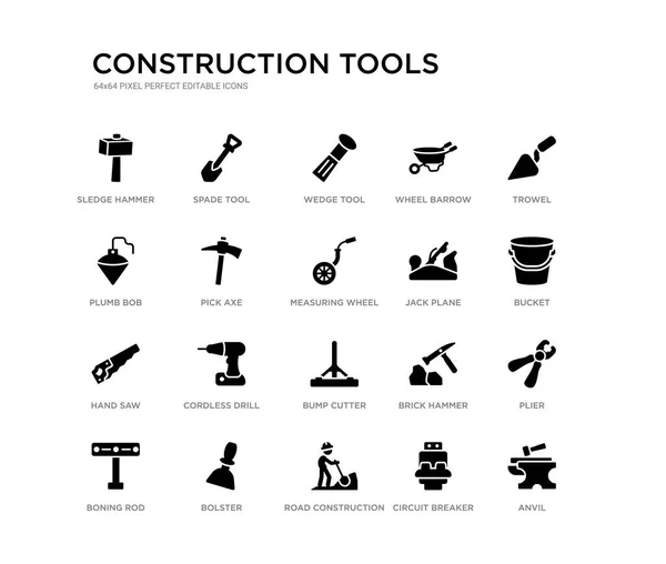 Set of 20 black filled vector icons such as anvil, plier, bucket, trowel, circuit breaker, road construction, plumb bob, wheel barrow, wedge tool, spade tool. construction tools black icons — Stock Vector