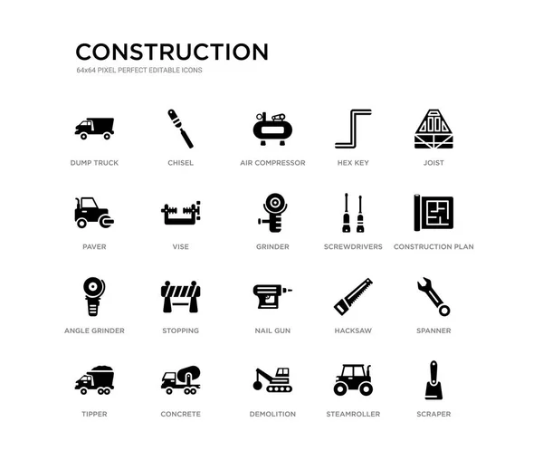 Set of 20 black filled vector icons such as scraper, spanner, construction plan, joist, steamroller, demolition, paver, hex key, air compressor, chisel. construction black icons collection. editable — Stock Vector