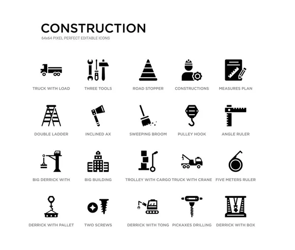 Set di 20 icone vettoriali piene di nero come derrick con scatola, righello di cinque metri, righello angolare, piano di misure, picconi di perforazione, derrick con pinza, doppia scala, costruzioni, tappo stradale, tre — Vettoriale Stock