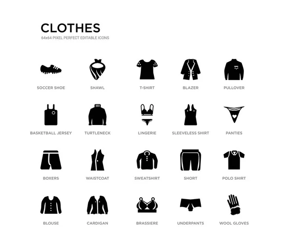 Conjunto de 20 ícones vetoriais cheios de preto, como luvas de lã, camisa de pólo, calcinha, pulôver, cuecas, sutiã, camisa de basquete, blazer, t-shirt, xale. roupas coleção ícones pretos. editável —  Vetores de Stock