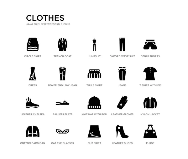 Conjunto de 20 ícones vetoriais pretos preenchidos, como bolsa, jaqueta de nylon, t-shirt com de, shorts jeans, sapatos de couro, saia de fenda, drees, calças de terno de onda oxford, macacão, casaco de trincheira. roupas ícones pretos —  Vetores de Stock
