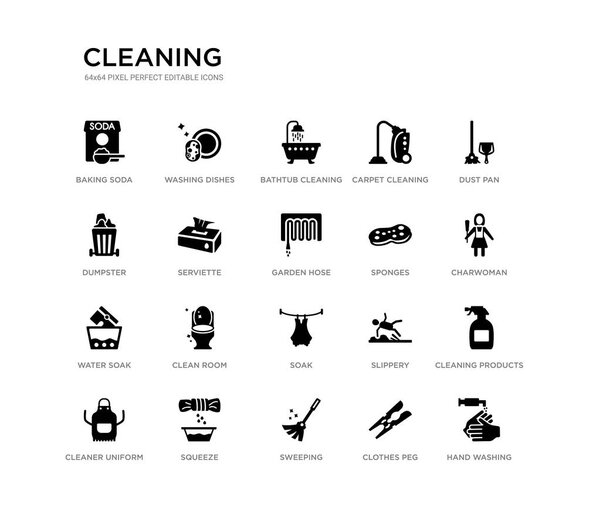 set of 20 black filled vector icons such as hand washing, cleaning products, charwoman, dust pan, clothes peg, sweeping, dumpster, carpet cleaning, bathtub cleaning, washing dishes. black icons