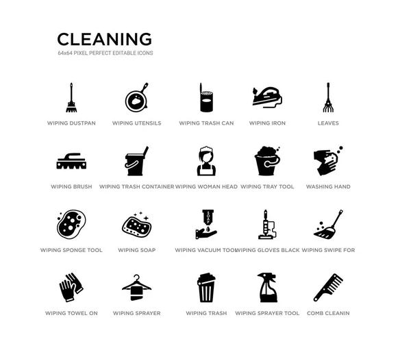 Conjunto de 20 iconos de vectores llenos de negro, tales como peine de limpieza, limpiar deslizamiento para pisos, lavando la mano, hojas, limpiando la herramienta de pulverización, limpiar la basura, cepillo, plancha, bote de basura, utensilios de baño. limpieza — Vector de stock