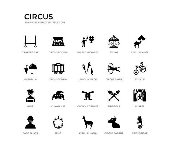 Set van 20 zwarte gevulde vector iconen zoals Circus Bear, puppet, fiets, Circus Camel, Circus papegaai, Lama, paraplu, swing, mes gooien, podium. black icons collectie. bewerkbare Pixelperfect — Stockvector