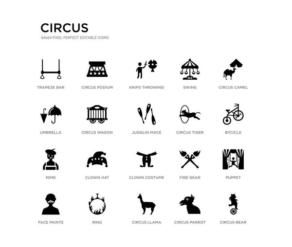 набор из 20 черных заполненных векторных икон, таких как цирк медведь, кукла, велосипед, цирк верблюд, цирк попугай, лама, зонтик, качели, метание ножей, подиум. коллекция черных икон. Съедобный пирог
