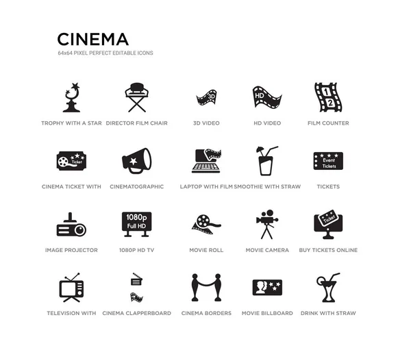 Conjunto de 20 iconos de vectores llenos de negro, tales como beber con paja, comprar entradas en línea, entradas, mostrador de cine, cartelera de cine, fronteras de cine, entrada de cine con una estrella, video hd, video 3d, película de director — Vector de stock