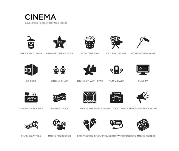 Set von 20 schwarz gefüllten Vektor-Icons wie zwei Kinokarten, Lautsprecher nach rechts, Flachbildfernseher, Filmmikrofon, Projektor mit Stecker, abgestreifte Eiscreme-Tüte, 3D-Text, alter Projektor, Popcorn — Stockvektor