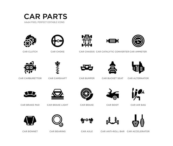set of 20 black filled vector icons such as car accelerator, car air bag, car alternator, ammeter, anti-roll bar, axle, carburettor, catalytic converter, chassis, choke. parts black icons