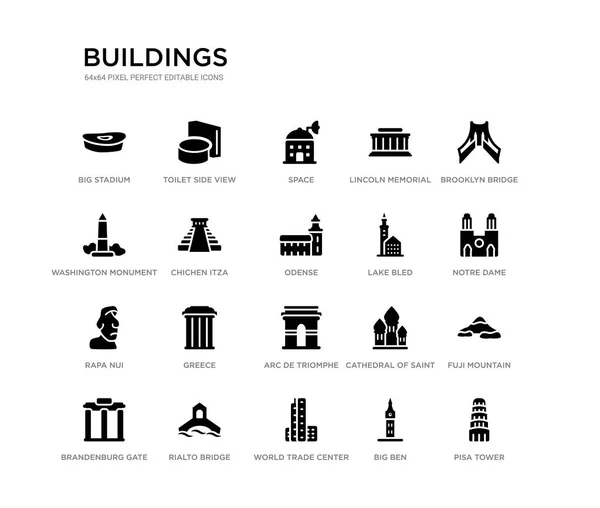 Set of 20 black filled vector icons such as pisa tower, fuji mountain, notre dame, brooklyn bridge, big ben, world trade center, washington monument, lincoln memorial, space, toilet side view. — Stock Vector