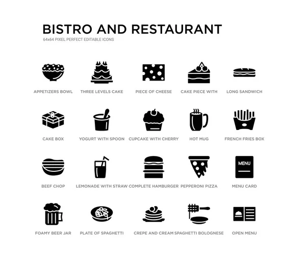 Set van 20 zwart gevuld vector iconen zoals open menu, menukaart, frietjes doos, lange sandwich, spaghetti Bolognese, crêpe en room, cake box, cake stuk met room, stuk kaas, drie — Stockvector