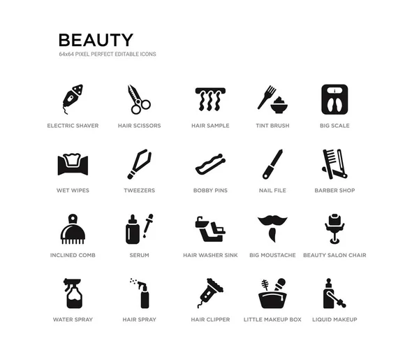 Set of 20 black filled vector icons such as liquid makeup, beauty salon chair, barber shop, big scale, little makeup box, hair clipper, wet wipes, tint brush, hair sample, hair scissors. beauty — Stock Vector