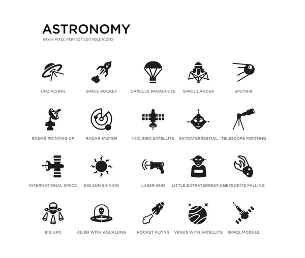 Conjunto de 20 iconos vectoriales llenos de negro como módulo espacial, caída de meteoritos, telescopio apuntando hacia arriba, sputnik, venus con satélite, vuelo de cohetes, radar apuntando hacia arriba, aterrizador espacial, paracaídas cápsula , — Vector de stock