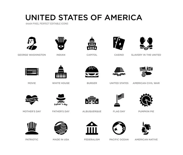 Set of 20 black filled vector icons such as american native, pumpkin pie, american civil war, slavery in the united states, pacific ocean, federalism, movie, casino, capitol, indian. united states — Stock Vector