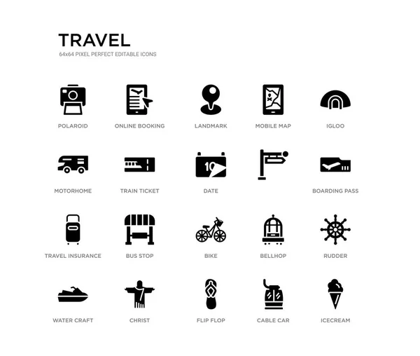 Set of 20 black filled vector icons such as icecream, rudder, boarding pass, igloo, cable car, flip flop, motorhome, mobile map, landmark, online booking. travel black icons collection. editable — ストックベクタ