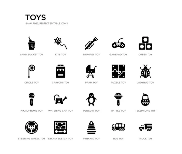 Set von 20 schwarz gefüllten Vektor-Symbole wie LKW-Spielzeug, Telefon-Spielzeug, Marienkäfer-Spielzeug, Würfel Bus-Pyramide Kreis Gamepad Trompetenspielzeug schwarze Symbole Sammlung. editierbare Pixel perfekt — Stockvektor