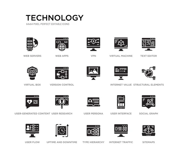 Satz von 20 schwarz gefüllten Vektorsymbolen wie Sitemaps, soziale Graphen, Strukturelemente, Texteditor, Internetverkehr, Typhierarchie, virtuelle Box, virtuelle Maschine, vpn, Web-Apps. Technologie schwarz — Stockvektor