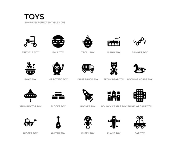 Set of 20 black filled vector icons such as car toy, thinking game toy, rocking horse toy, spinner plane puppy boat piano troll ball toys black icons collection. editable pixel perfect — Stock Vector