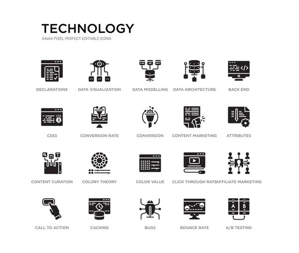 Set of 20 black filled vector icons such as a/b testing, affiliate marketing, attributes, back end, bounce rate, bugs, css3, data architecture, data modelling, data visualization. technology black — 图库矢量图片