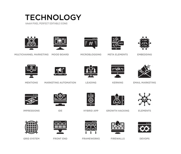 Conjunto de 20 negro lleno de iconos vectoriales como devops, elementos, email marketing, incrustación, cortafuegos, marcos, menciones, meta elementos, microblogging, tablero del estado de ánimo. tecnología iconos negros — Vector de stock