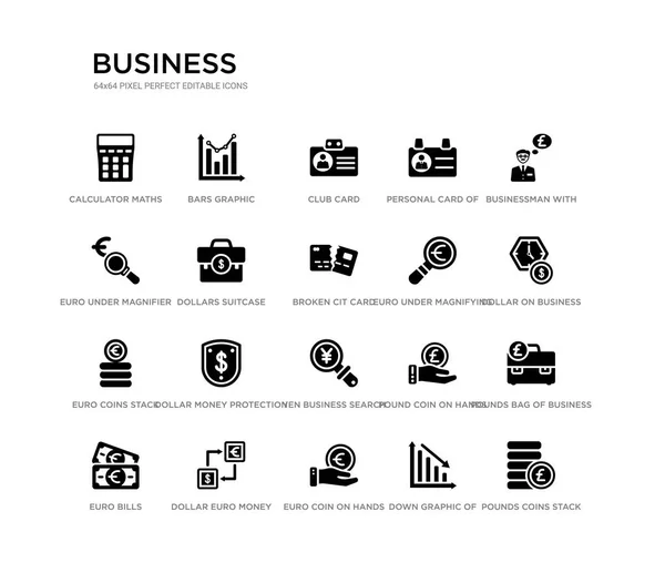 Set van 20 zwart gevuld vector iconen zoals pondmunten stack, ponden zak van het bedrijfsleven, dollar op Business Time, zakenman met pond bericht in een toespraak zeepbel, down Graphic van Business stats, Stockillustratie