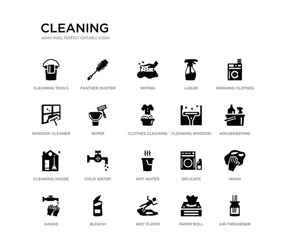 Set of 20 black filled vector icons such as air freshener, wash, housekeeping, washing clothes, paper roll, wet floor, window cleaner, liquid, wiping, feather duster. cleaning black icons — Stock Illustration Set of 20 black filled vector icons such as air freshener, wash, housekeeping, washing clothes, paper roll, wet floor, window cleaner, liquid, wiping, feather duster. cleaning black icons Stock Illustration