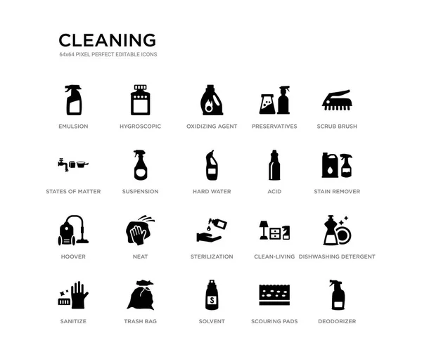 Set of 20 black filled vector icons such as deodorizer, dishwashing detergent, stain remover, scrub brush, scouring pads, solvent, states of matter, preservatives, oxidizing agent, hygroscopic. — Stock Illustration Set of 20 black filled vector icons such as deodorizer, dishwashing detergent, stain remover, scrub brush, scouring pads, solvent, states of matter, preservatives, oxidizing agent, hygroscopic. Vector Graphics
