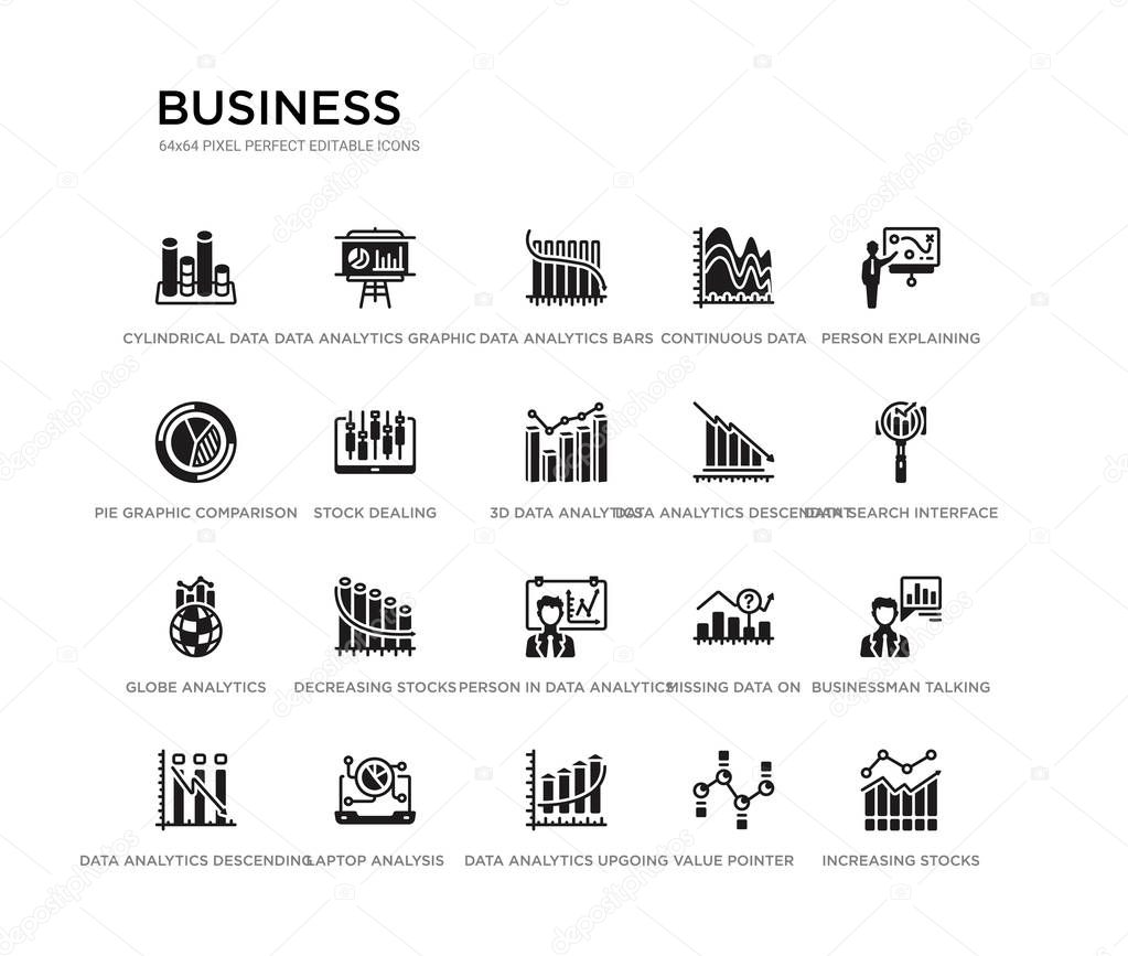 set of 20 black filled vector icons such as increasing stocks graphic of bars, businessman talking about data analysis, data search interface, person explaining strategy on a board with a sketch,