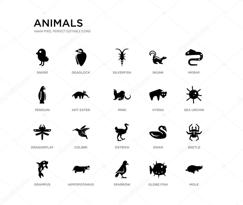 set of 20 black filled vector icons such as mole, beetle, sea urchin, moray, globe fish, sparrow, penguin, skunk, silverfish, deadlock. animals black icons collection. editable pixel perfect