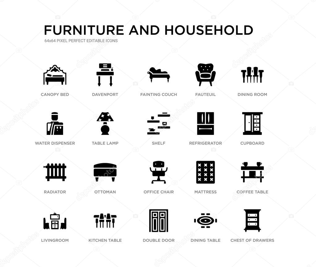 Set of 20 black filled vector icons such as chest of drawers, coffee table, cupboard, dining room, dining table, double door, water dispenser, fauteuil, fainting couch, davenport. furniture and