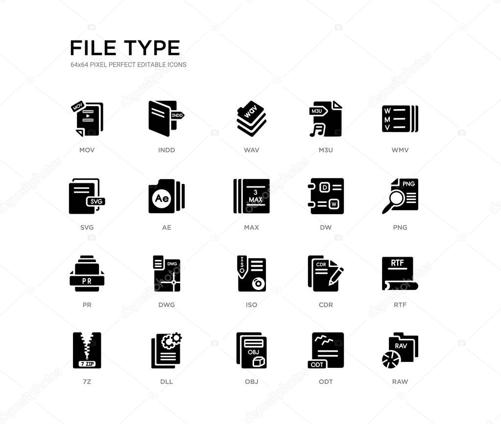 Set of 20 black filled vector icons such as raw, rtf, png, wmv, odt, obj, svg, m3u, wav, indd. file type black icons collection. editable pixel perfect