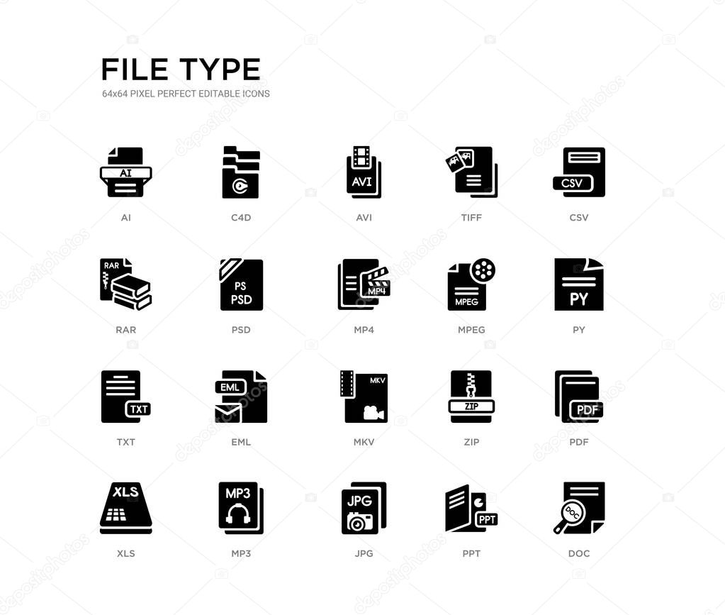 set of 20 black filled vector icons such as doc, pdf, py, csv, ppt, jpg, rar, tiff, avi, c4d. file type black icons collection. editable pixel perfect