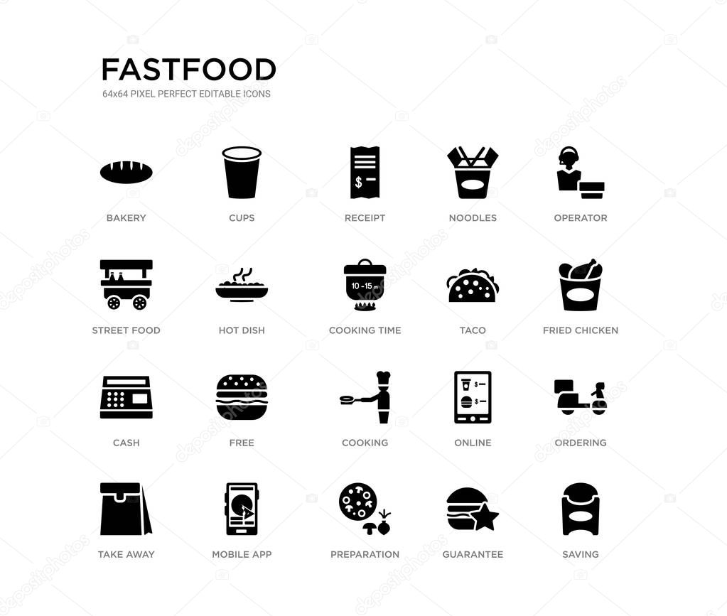 set of 20 black filled vector icons such as saving, ordering, fried chicken, operator, guarantee, preparation, street food, noodles, receipt, cups. fastfood black icons collection. editable pixel