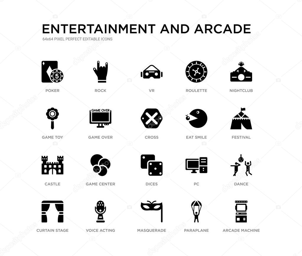 set of 20 black filled vector icons such as arcade machine, dance, festival, nightclub, paraplane, masquerade, game toy, roulette, vr, rock. entertainment and arcade black icons collection. editable