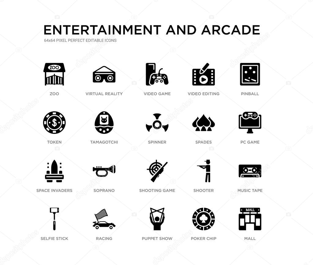 set of 20 black filled vector icons such as mall, music tape, pc game, pinball, poker chip, puppet show, token, video editing, video game, virtual reality glasses. entertainment and arcade black