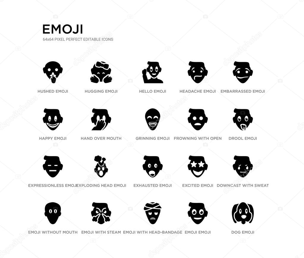set of 20 black filled vector icons such as dog emoji, downcast with sweat emoji, drool emoji, embarrassed with head-bandage happy headache hello hugging black icons collection. editable pixel
