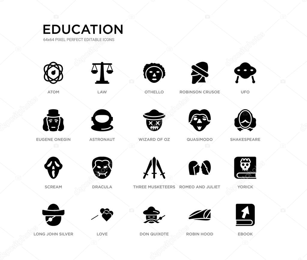 set of 20 black filled vector icons such as ebook, yorick, shakespeare, ufo, robin hood, don quixote, eugene onegin, robinson crusoe, othello, law. education black icons collection. editable pixel