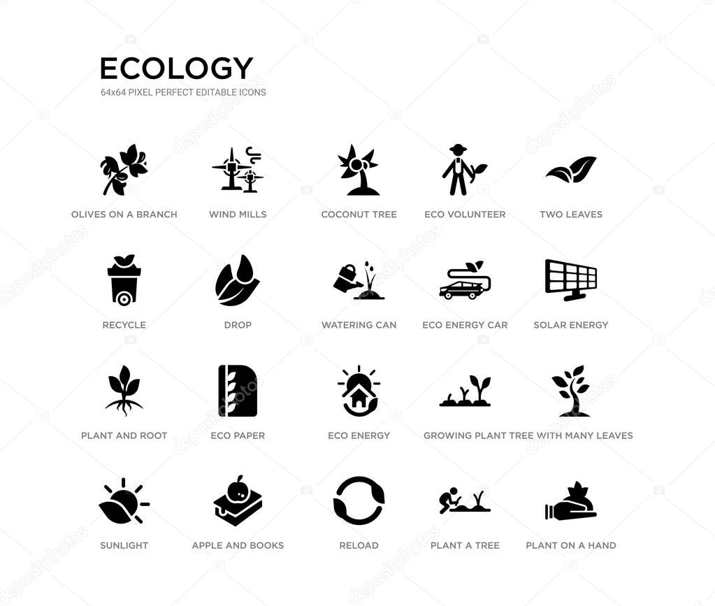set of 20 black filled vector icons such as plant on a hand, tree with many leaves, solar energy, two leaves, plant a tree, reload, recycle, eco volunteer, coconut tree, wind mills. ecology black