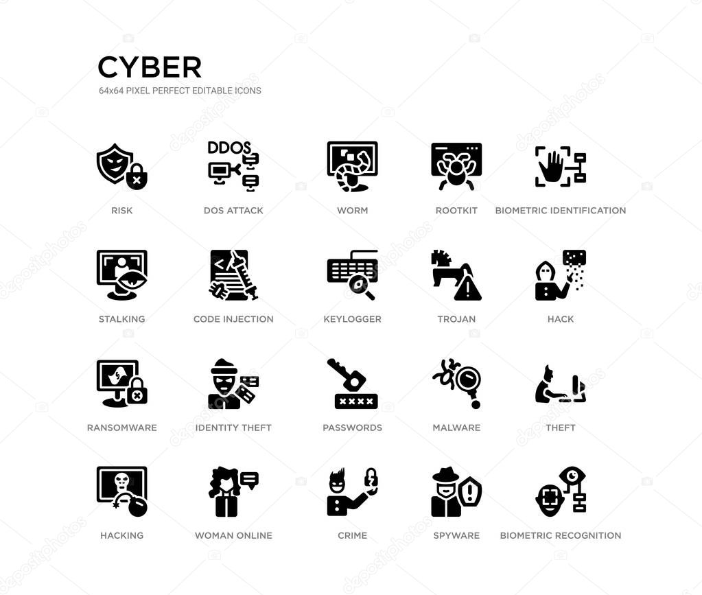 set of 20 black filled vector icons such as biometric recognition, theft, hack, biometric identification, spyware, crime, stalking, rootkit, worm, dos attack. cyber black icons collection. editable