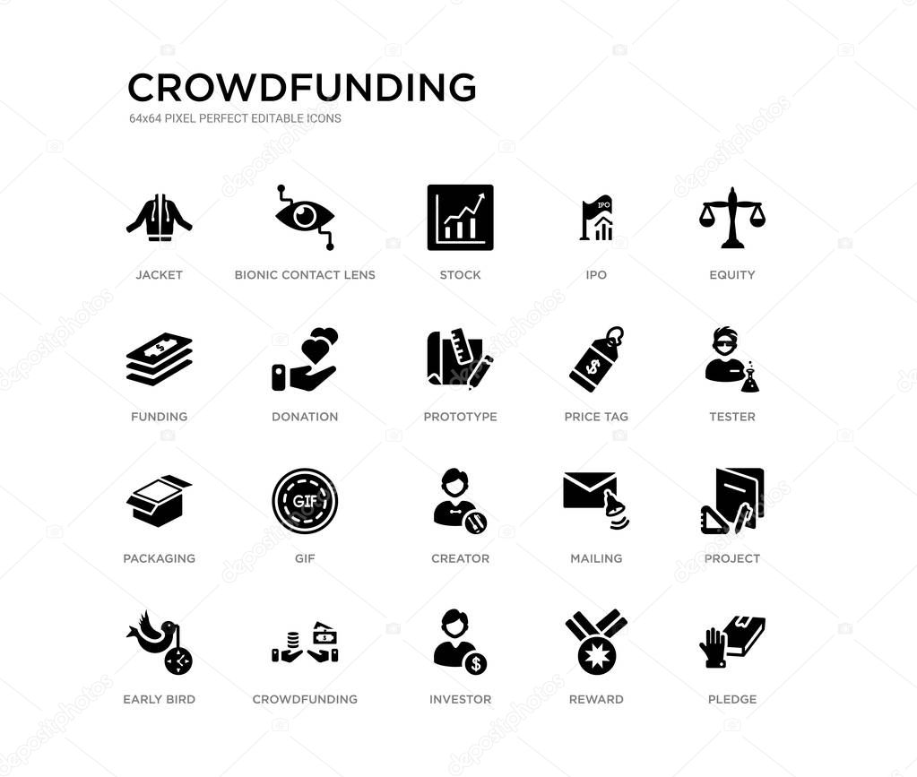 set of 20 black filled vector icons such as pledge, project, tester, equity, reward, investor, funding, ipo, stock, bionic contact lens. crowdfunding black icons collection. editable pixel perfect