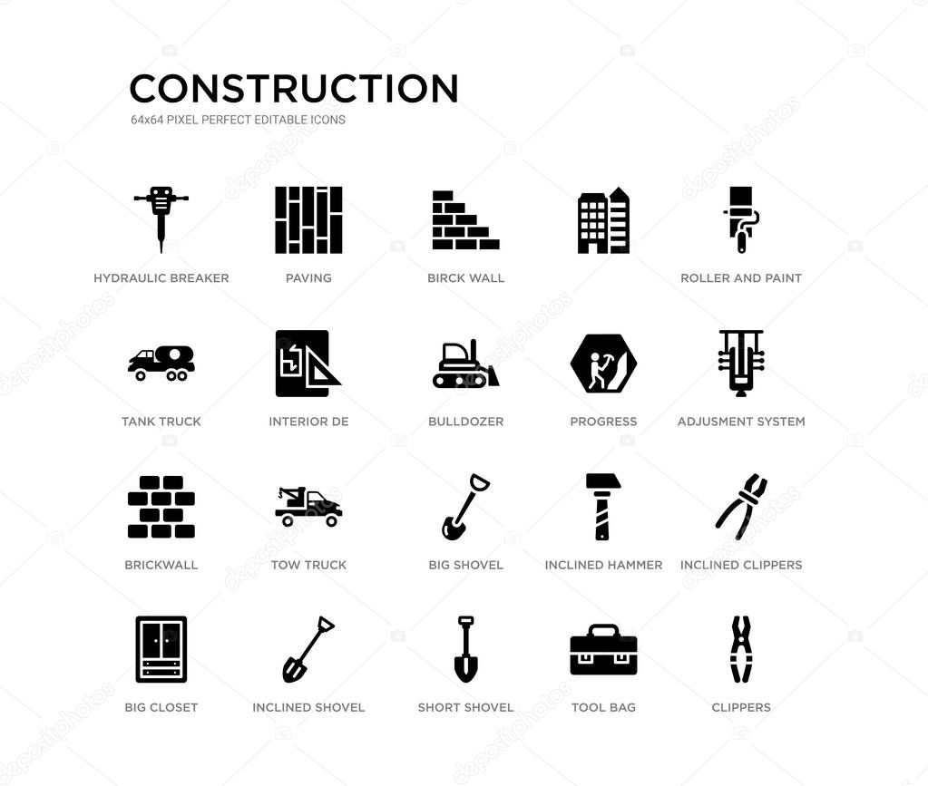 set of 20 black filled vector icons such as clippers, inclined clippers, adjusment system, roller and paint, tool bag, short shovel, tank truck,  , birck wall, paving. construction black icons