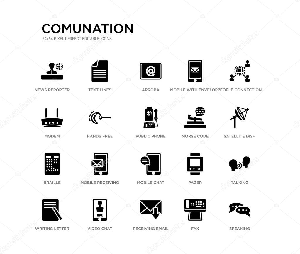 set of 20 black filled vector icons such as speaking, talking, satellite dish, people connection, fax, receiving email, modem, mobile with envelope, arroba, text lines. comunation black icons