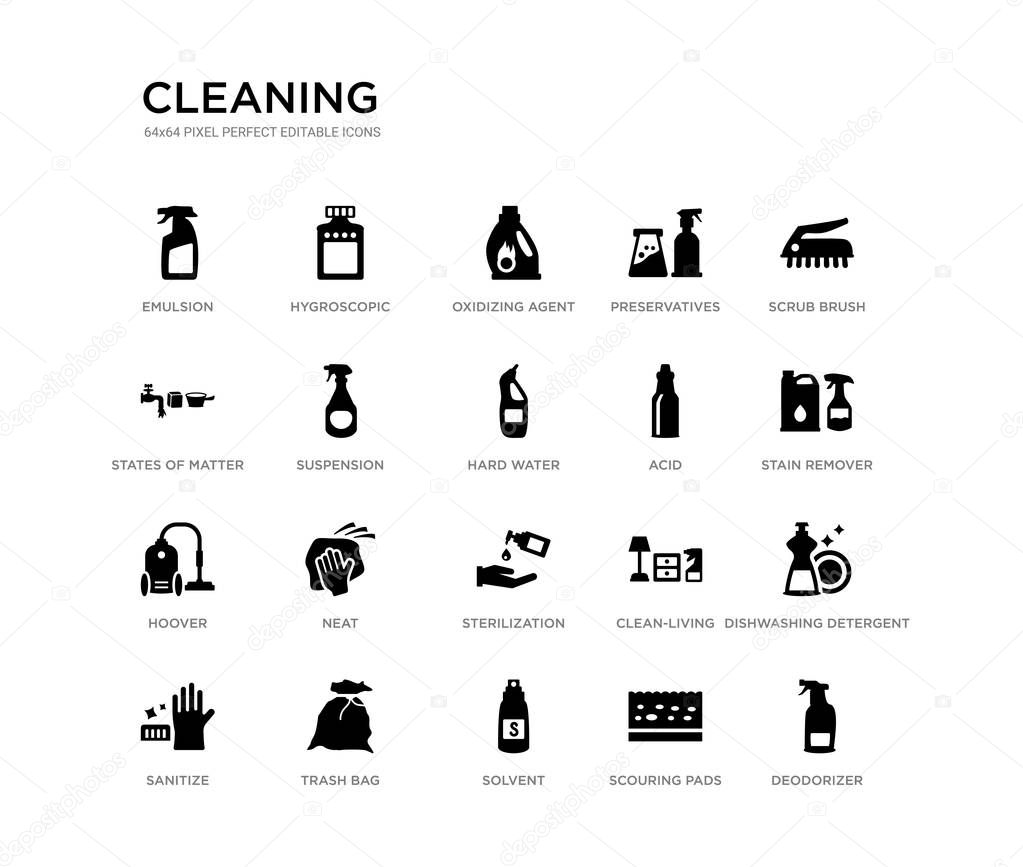 Set of 20 black filled vector icons such as deodorizer, dishwashing detergent, stain remover, scrub brush, scouring pads, solvent, states of matter, preservatives, oxidizing agent, hygroscopic.