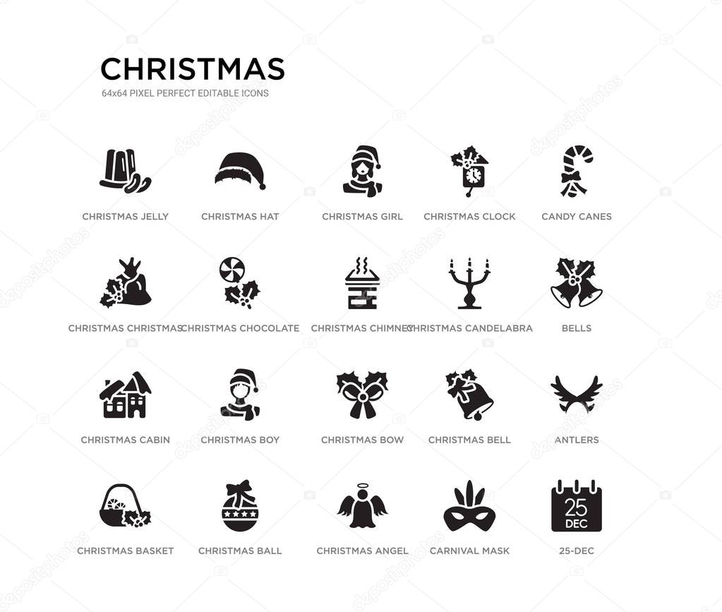 set of 20 black filled vector icons such as 25-dec, antlers, bells, candy canes, carnival mask, christmas angel, christmas christmas bag, clock, girl, hat. black icons collection. editable pixel