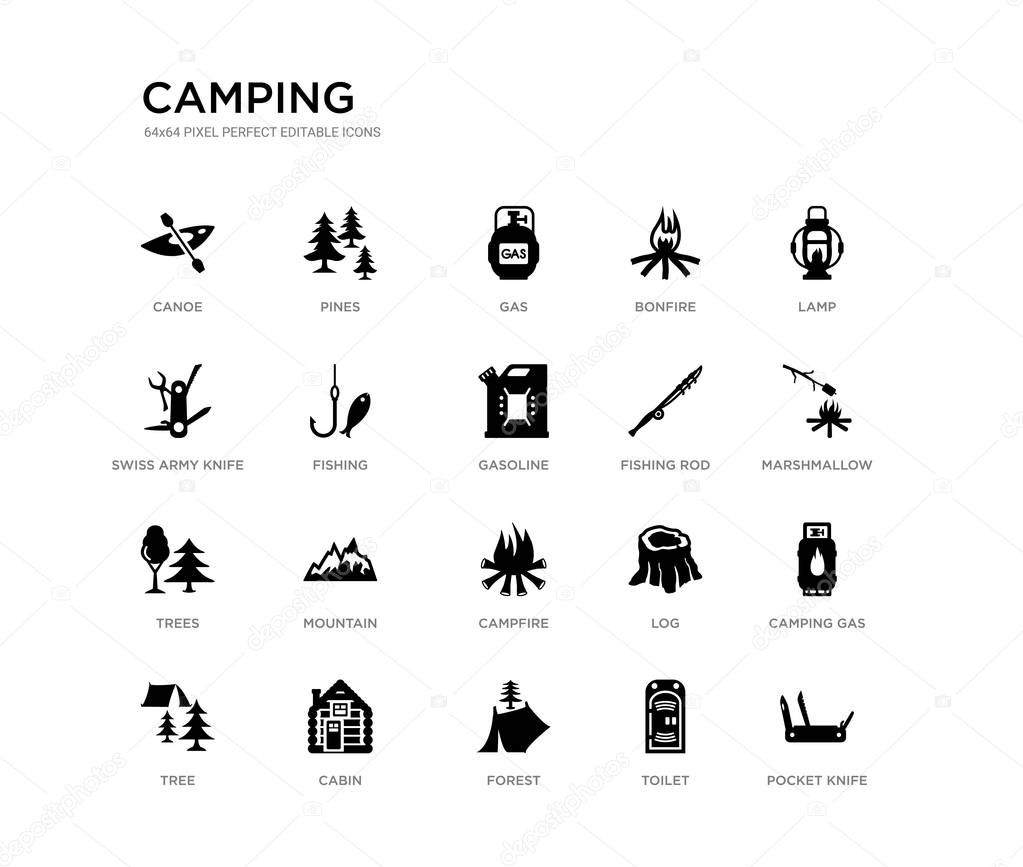 set of 20 black filled vector icons such as pocket knife, camping gas, marshmallow, lamp, toilet, forest, swiss army knife, bonfire, gas, pines. camping black icons collection. editable pixel