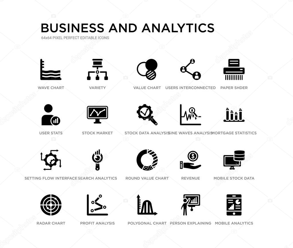 set of 20 black filled vector icons such as mobile analytics, mobile stock data, mortgage statistics, paper shder, person explaining strategy, polygonal chart, user stats, users interconnected,