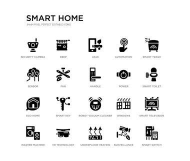 Akıllı anahtar, akıllı televizyon, akıllı tuvalet, çöp, gözetim, yerden Isıtma, sensör, otomasyon, sızıntı, derin gibi 20 siyah dolu vektör simgeleri seti. ev siyah simgeler koleksiyonu.